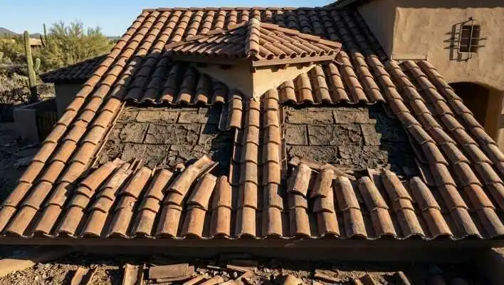Curling and brittle asphalt shingles on a Chino Meadows roof showing signs of wind damage