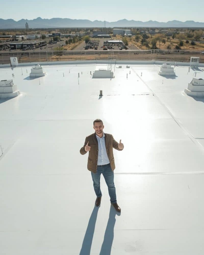 Energy-efficient monolithic silicone roof coating on a retail plaza in Prescott Valley, AZ, showing 22% cooling cost savings for a happy client.