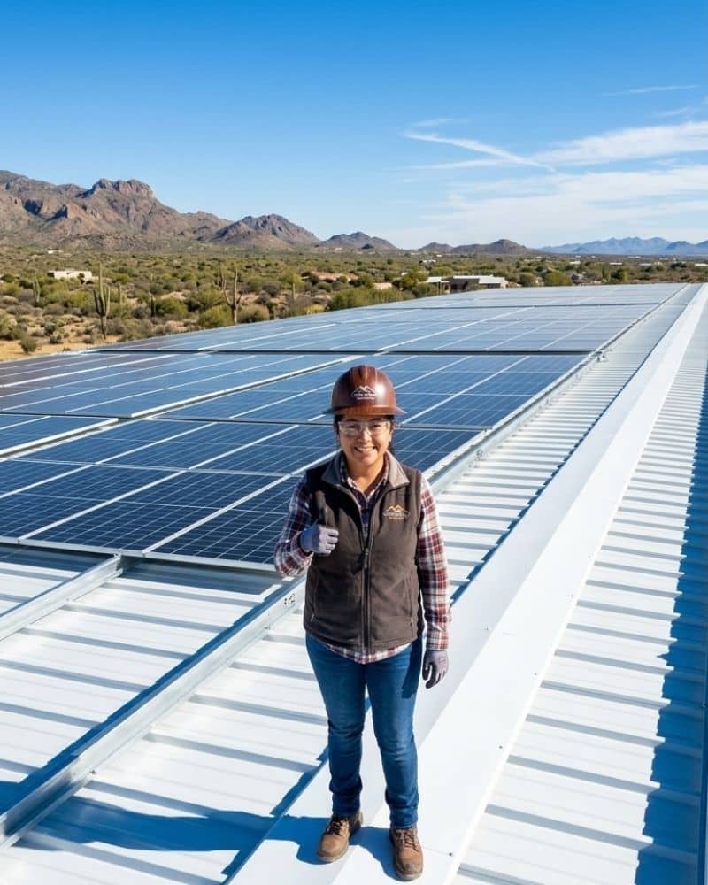 Industrial metal roofing project in Chino Valley, AZ, featuring reinforced structural framing for heavy solar array support.