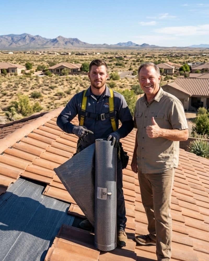 Satisfied Chino Meadows homeowner giving a thumbs up after a professional tile roof underlayment repair by local Chino Valley experts.