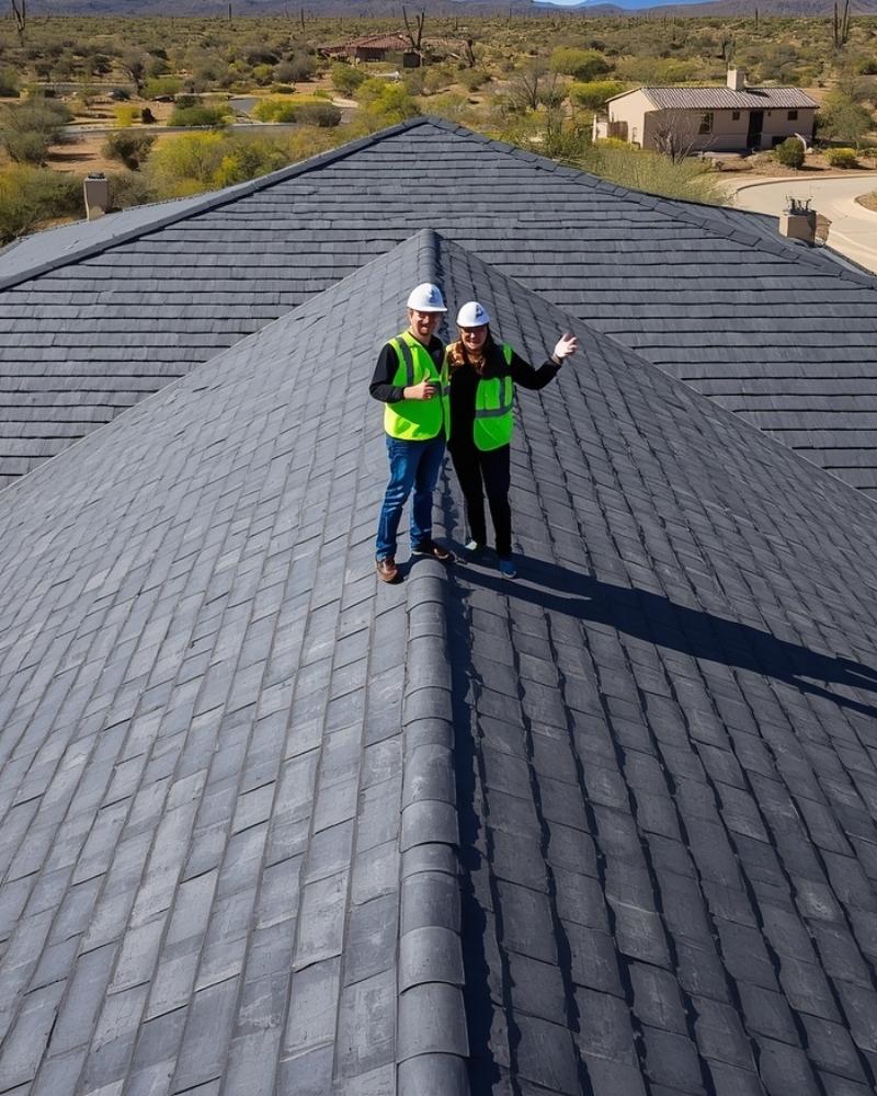 Satisfied warehouse owner giving a thumbs up after a complete 60-mil TPO roof replacement and decking repair in Chino Valley, AZ.