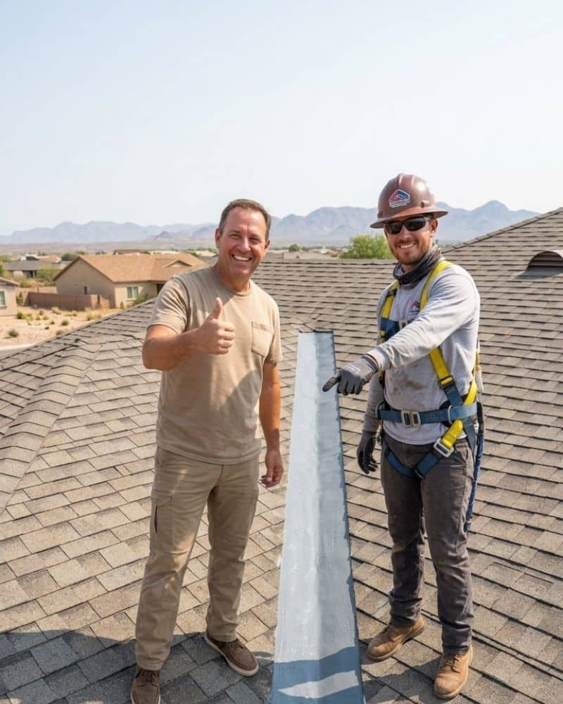 Successful industrial-grade roof valley repair in Chino Meadows, AZ, after a monsoon emergency, with a satisfied homeowner.