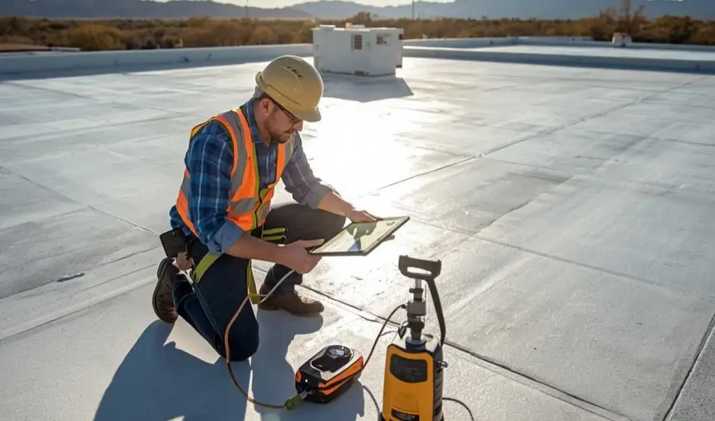 Professional roofing contractor inspecting flat TPO roof seams and drainage on commercial property in Chino Valley Arizona