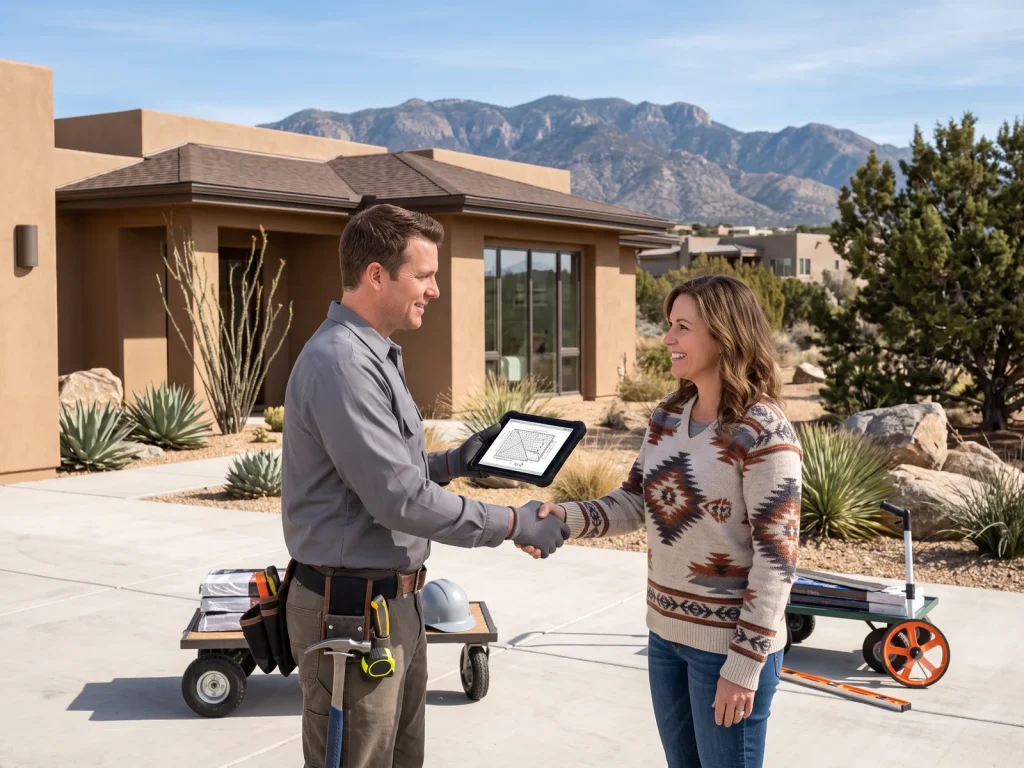 Chino Valley, Arizona roofer shaking hands with a satisfied homeowner outside a high-desert home