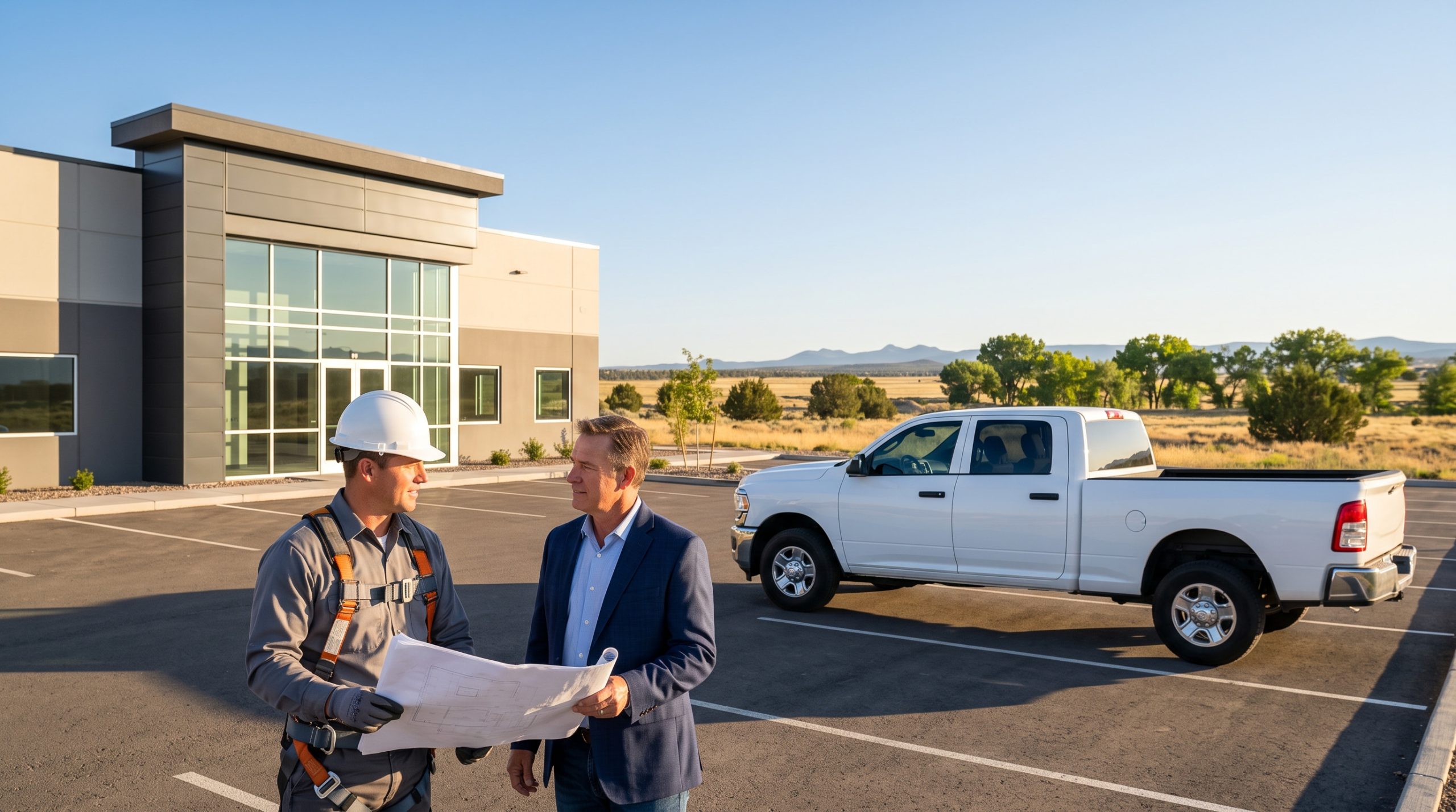 Commercial roofing specialist reviewing a roof plan with a property owner in Chino Valley, AZ