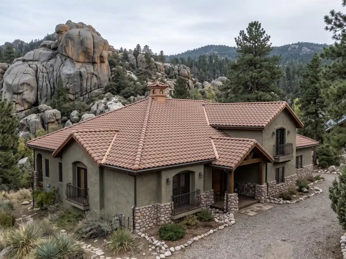 Clay tile roof on a home among granite boulders near Dewey-Humboldt Arizona