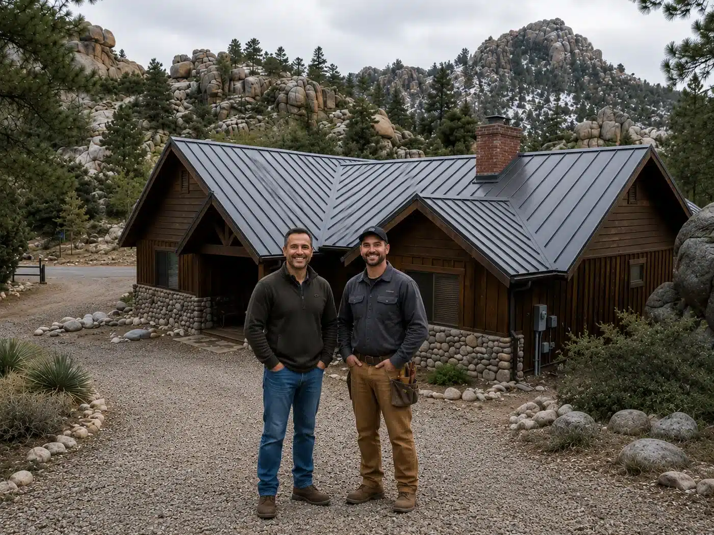 Homeowner and roofing professional in front of a completed metal-roof home in Dewey-Humboldt, Arizona