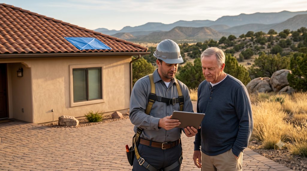 Roofer reviewing emergency roof repair options with a homeowner in Chino Valley, AZ
