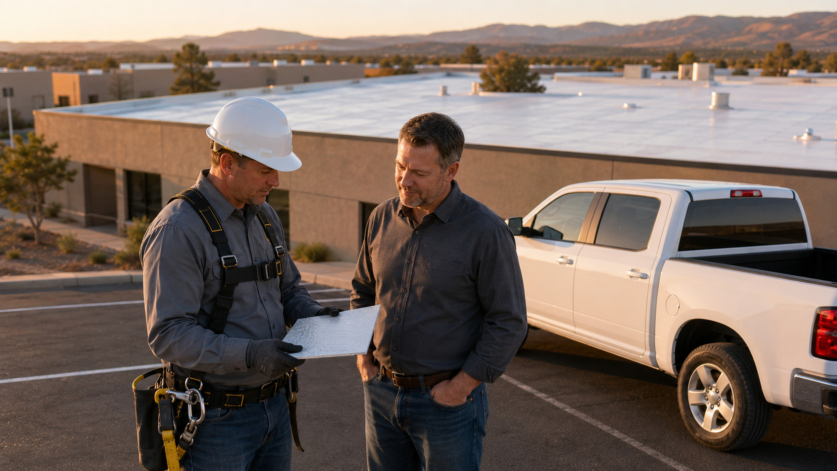 Flat roofing specialist consulting a building owner in Chino Valley, AZ