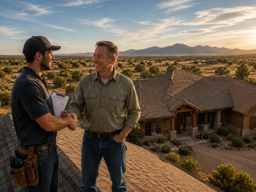 Satisfied homeowner shaking hands with a roofing professional on a completed ranch home roof in Paulden, Arizona