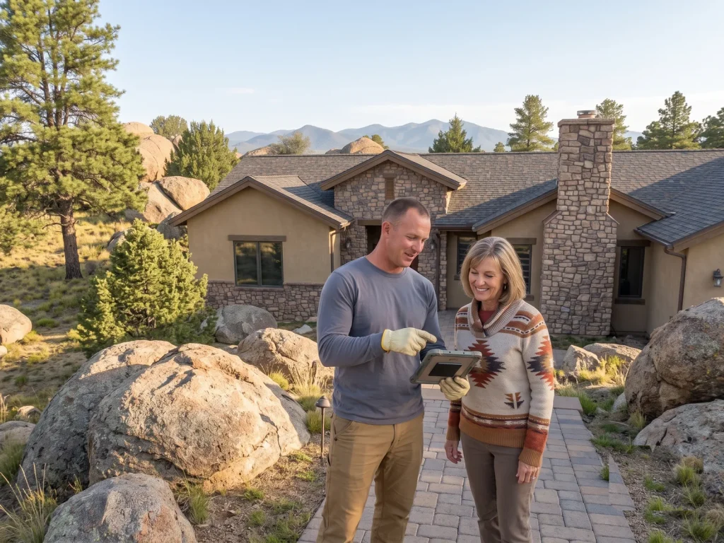 Prescott, Arizona roofer reviewing roof findings on a tablet with a satisfied homeowner outside their mountain home