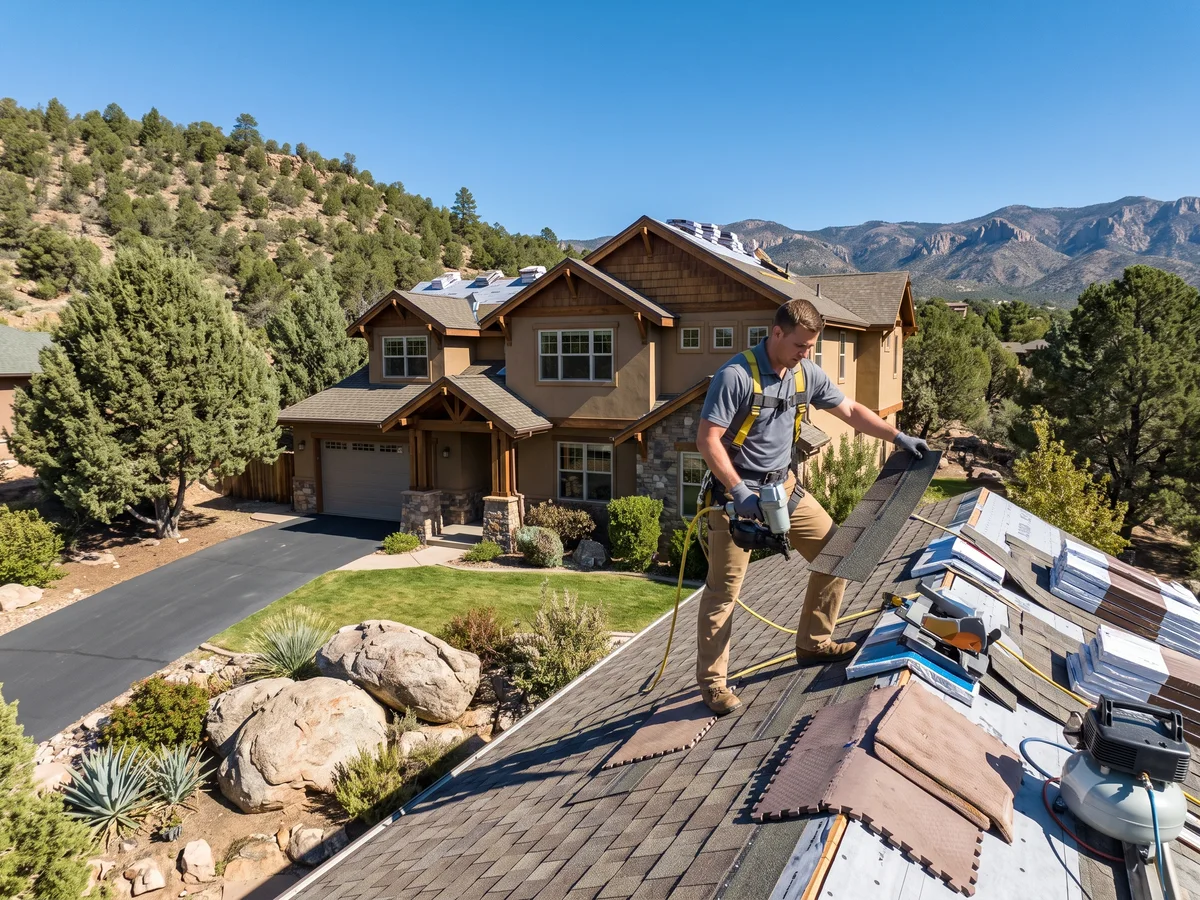 Roofer installing architectural asphalt shingles on a Prescott Valley Arizona home