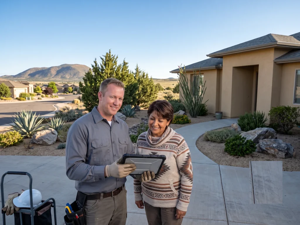 Prescott Valley, Arizona roofer reviewing roof options on a tablet with a smiling homeowner outside their high-desert home