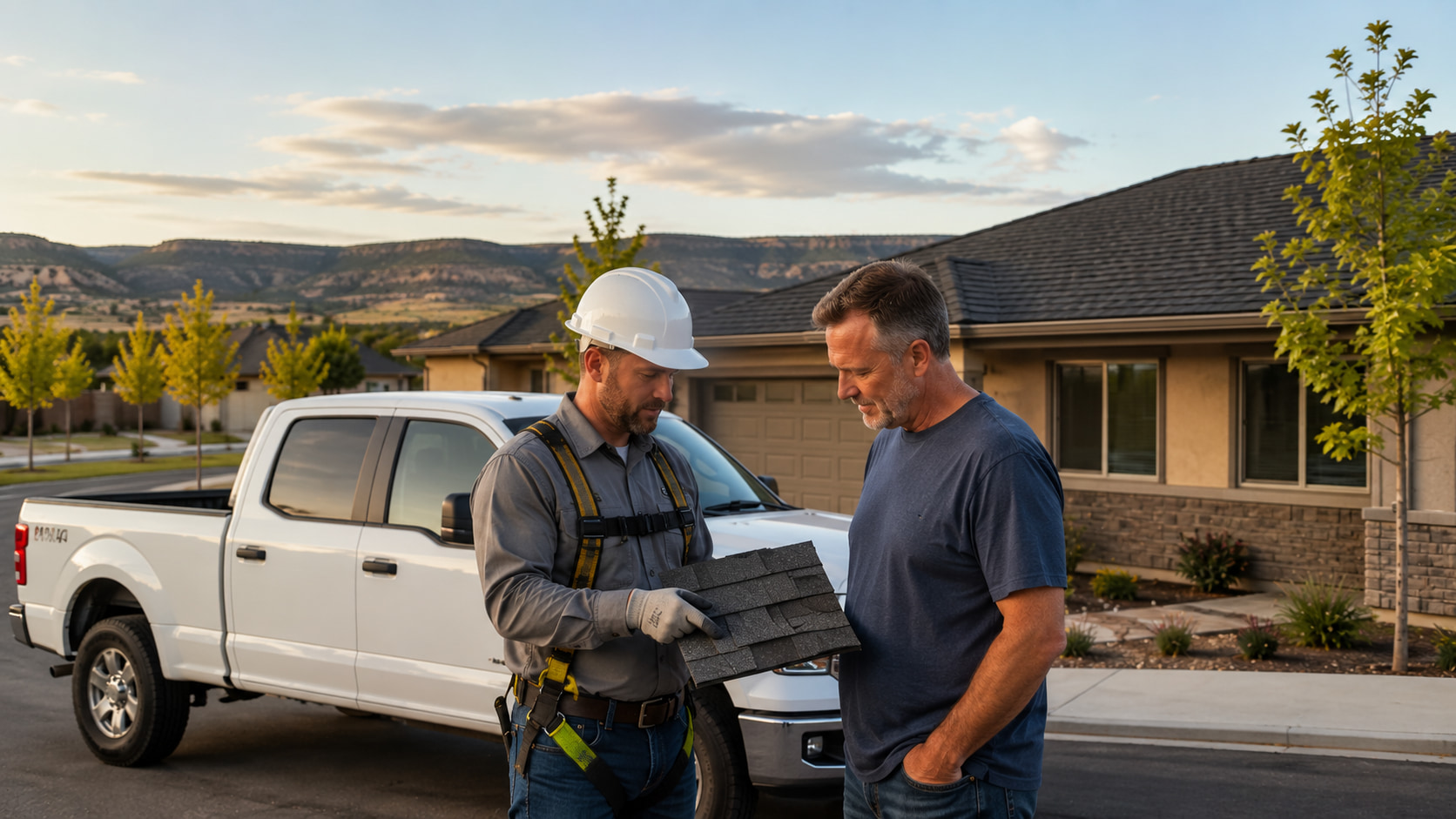 Shingle roofing specialist consulting a homeowner in Chino Valley, AZ