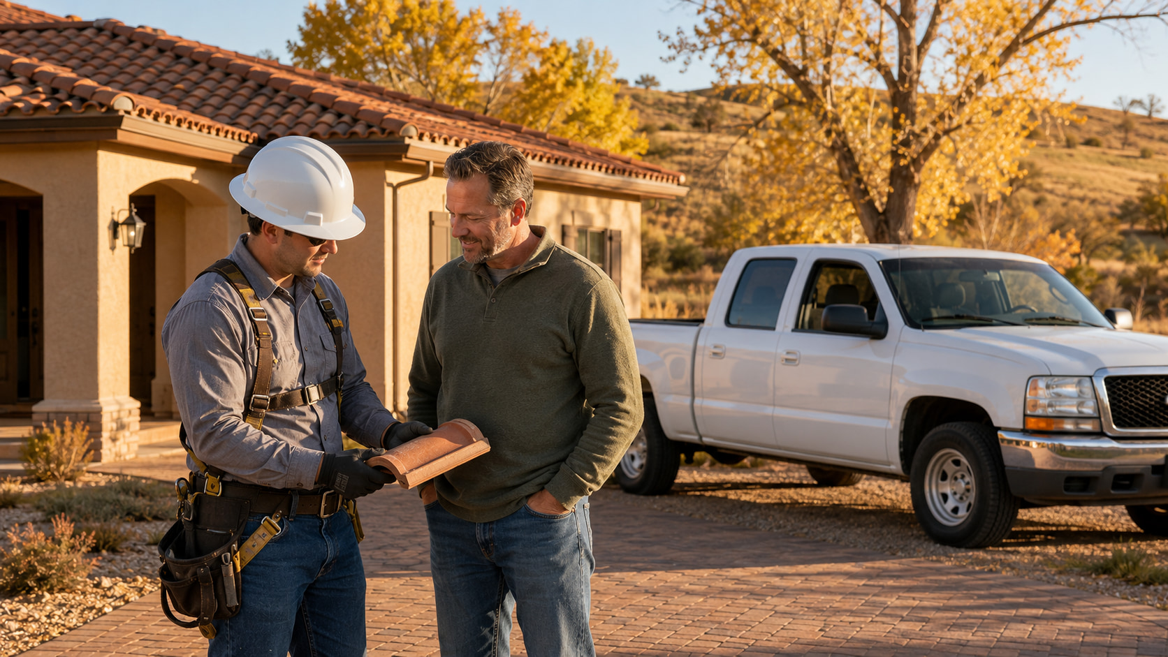 Tile roofing specialist consulting a homeowner in Chino Valley, AZ