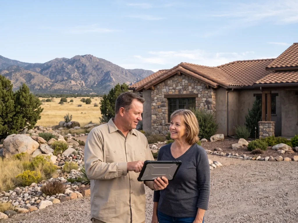 Homeowner and roofing professional reviewing options on a tablet beside a tile-roof home in Williamson Valley, Arizona