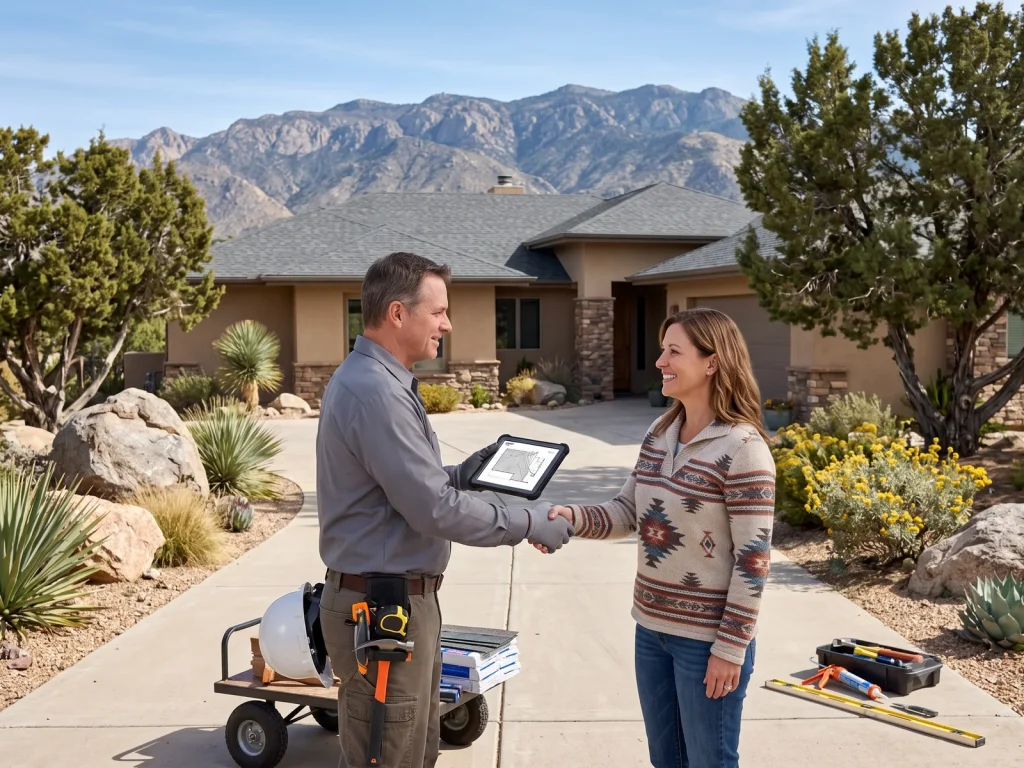Yavapai County, Arizona roofer shaking hands with a homeowner and reviewing roof plans on a tablet outside a high-desert home