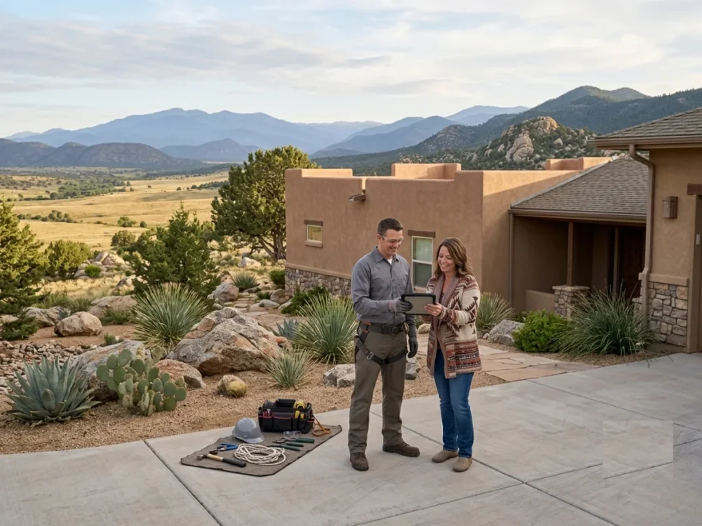 Roofer reviewing a roof with a homeowner outside their high-desert home in Yavapai County, Arizona