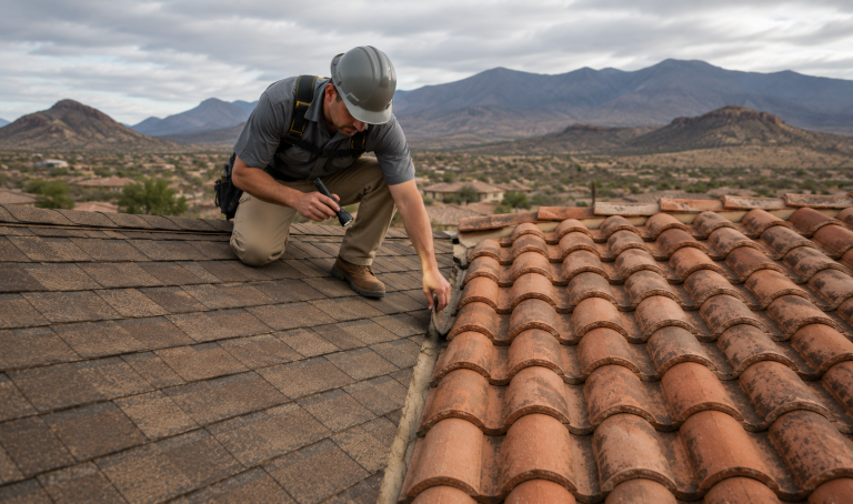 Roofing contractor examining the seam between asphalt shingles and tile roofing to compare asphalt shingles vs tile roofing in Chino Valley, AZ
