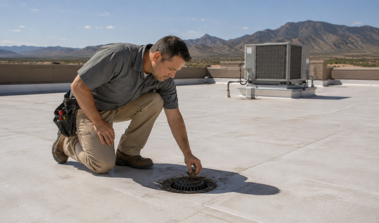 Roofing contractor clearing a rooftop drain during commercial roof repair maintenance in Chino Valley, AZ