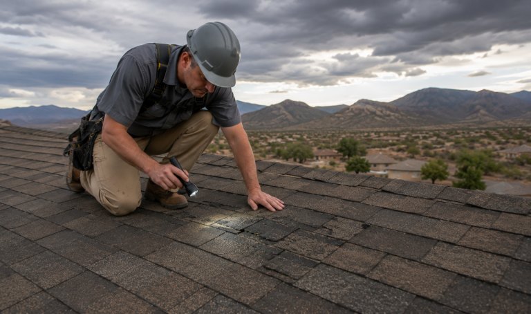 Roofing contractor using a flashlight during a hail damage roof inspection on a shingle roof in Yavapai County, AZ