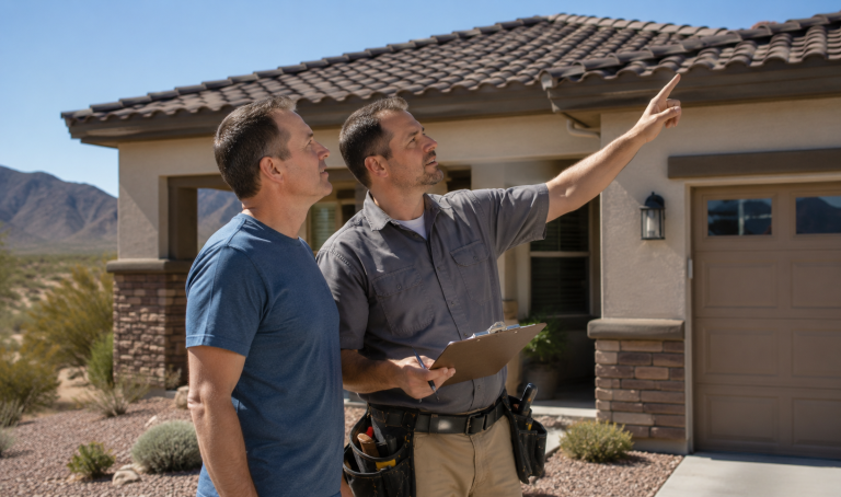 Licensed roofing contractor explaining roof condition to a homeowner in Chino Valley, AZ