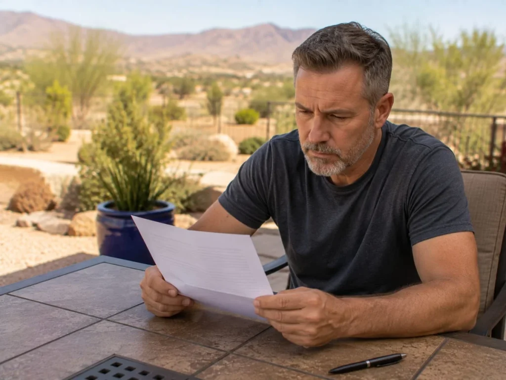 Homeowner carefully reviewing a roofing contract before signing in Chino Valley, Arizona