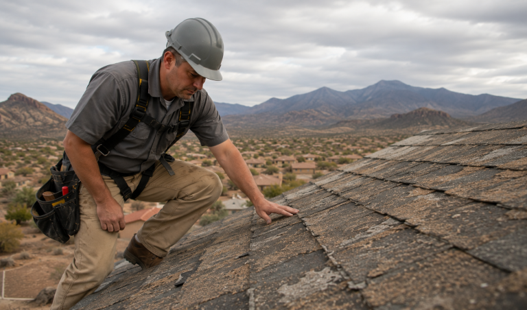 Roofing contractor examining worn, aging shingles to assess roof lifespan in Chino Valley, AZ