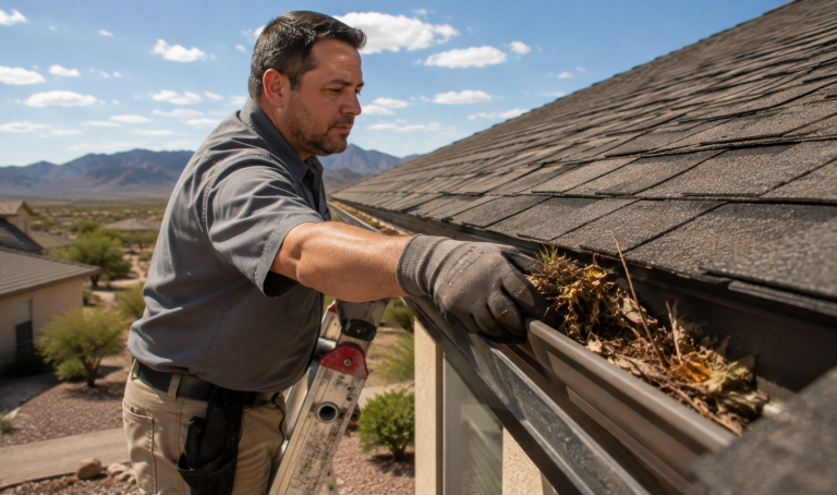 Roofing contractor performing roof maintenance by clearing gutter debris on a home in Chino Valley, AZ