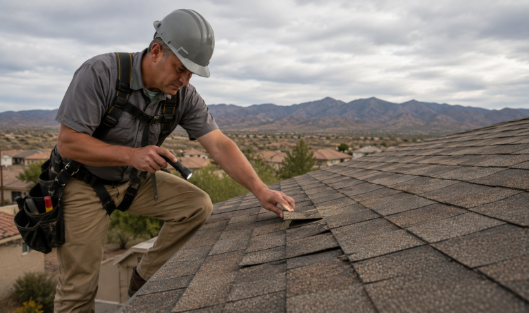 Roofing contractor inspecting damaged shingles to determine roof repair or replacement in Chino Valley, AZ