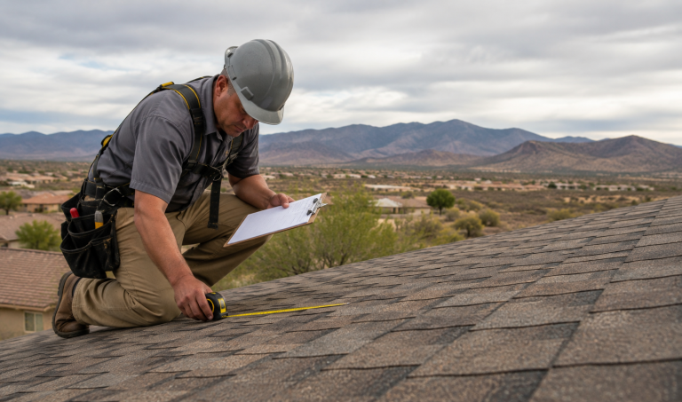 Roofing contractor kneeling on a shingle roof measuring for a roof replacement cost estimate in Chino Valley, AZ