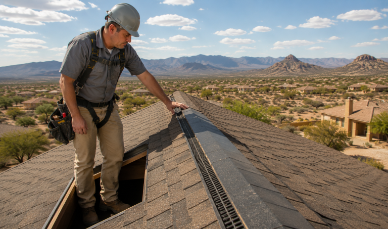 Roofing contractor examining a ridge vent for roof ventilation in Chino Valley, AZ
