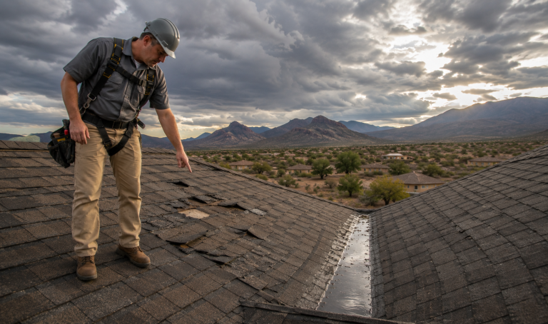 Roofing contractor assessing torn shingles for storm damage roof repair on a home in Chino Valley, AZ