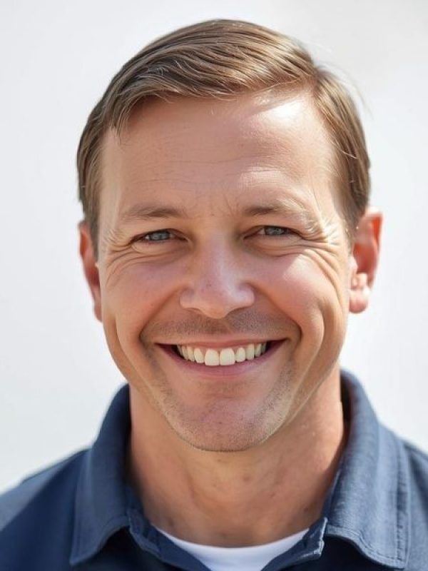 Close-up portrait of a friendly roofing consultant smiling against a clean white background.