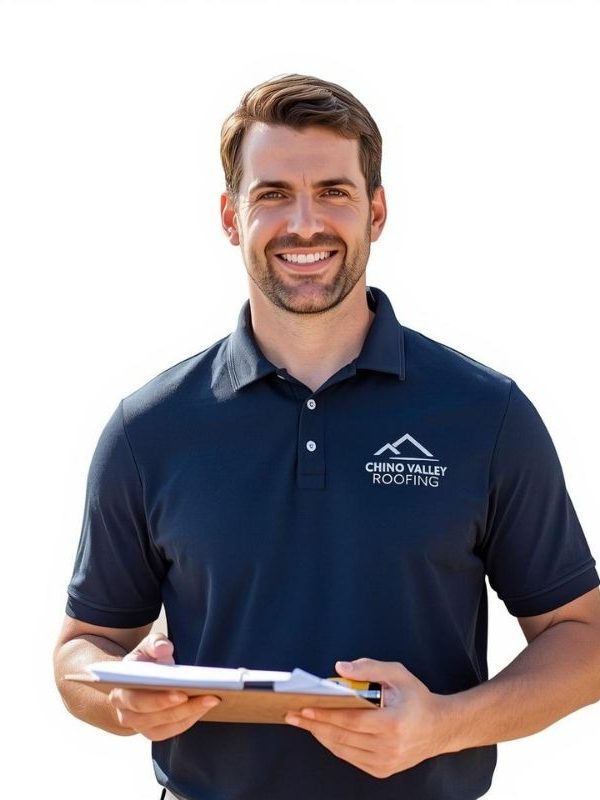 Roofing project manager holding a clipboard