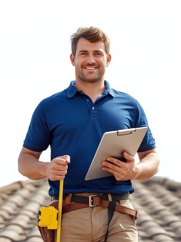 Roofing estimator with measuring tape and clipboard